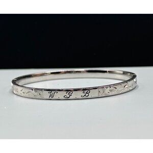 Vintage Floral Etched Sterling Silver Bangle Bracelet Signed HFB 6 Grams